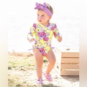 Ruffle Butts‎ Daisy Yellow One Piece Rash Guard Swimsuit Floral 6-12 months